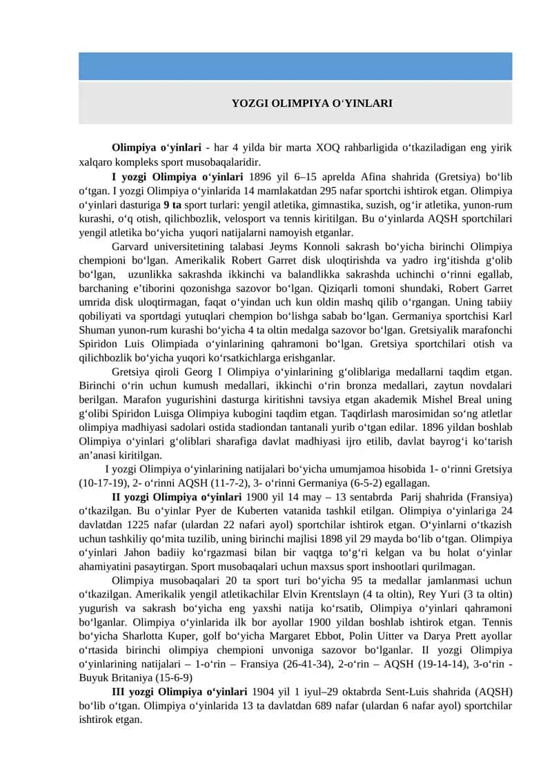 YOZGI OLIMPIYA O‘YINLARI 1