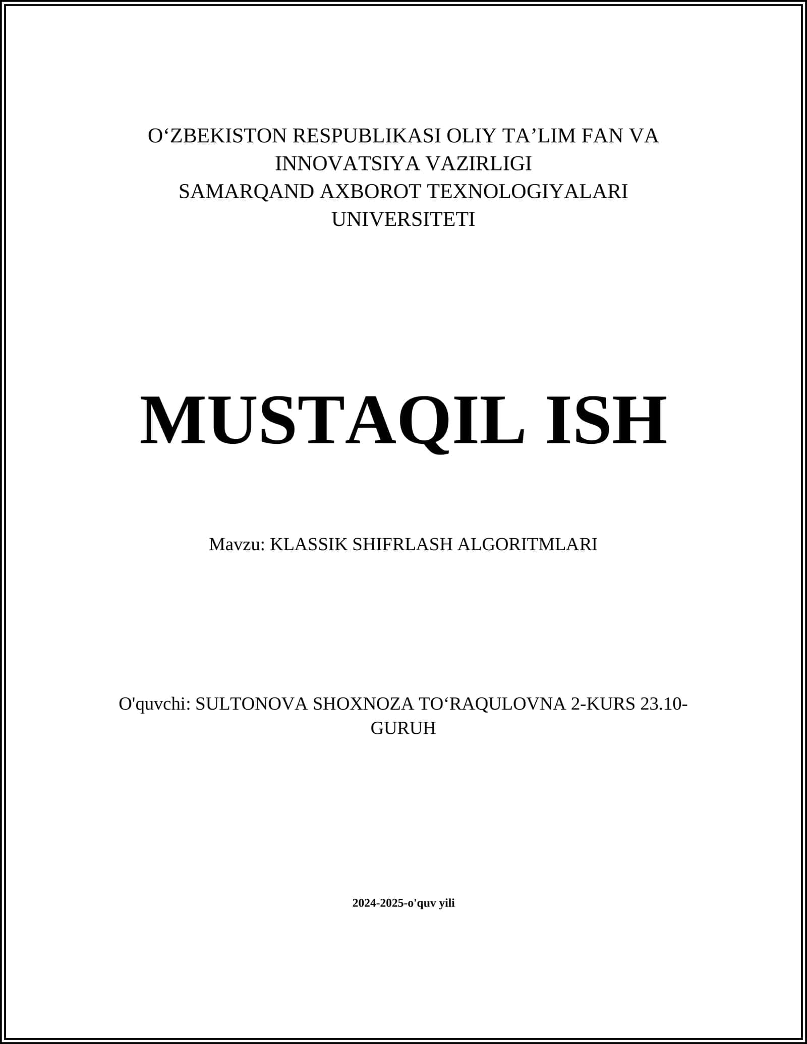 KLASSIK SHIFRLASH ALGORITMLARI 1