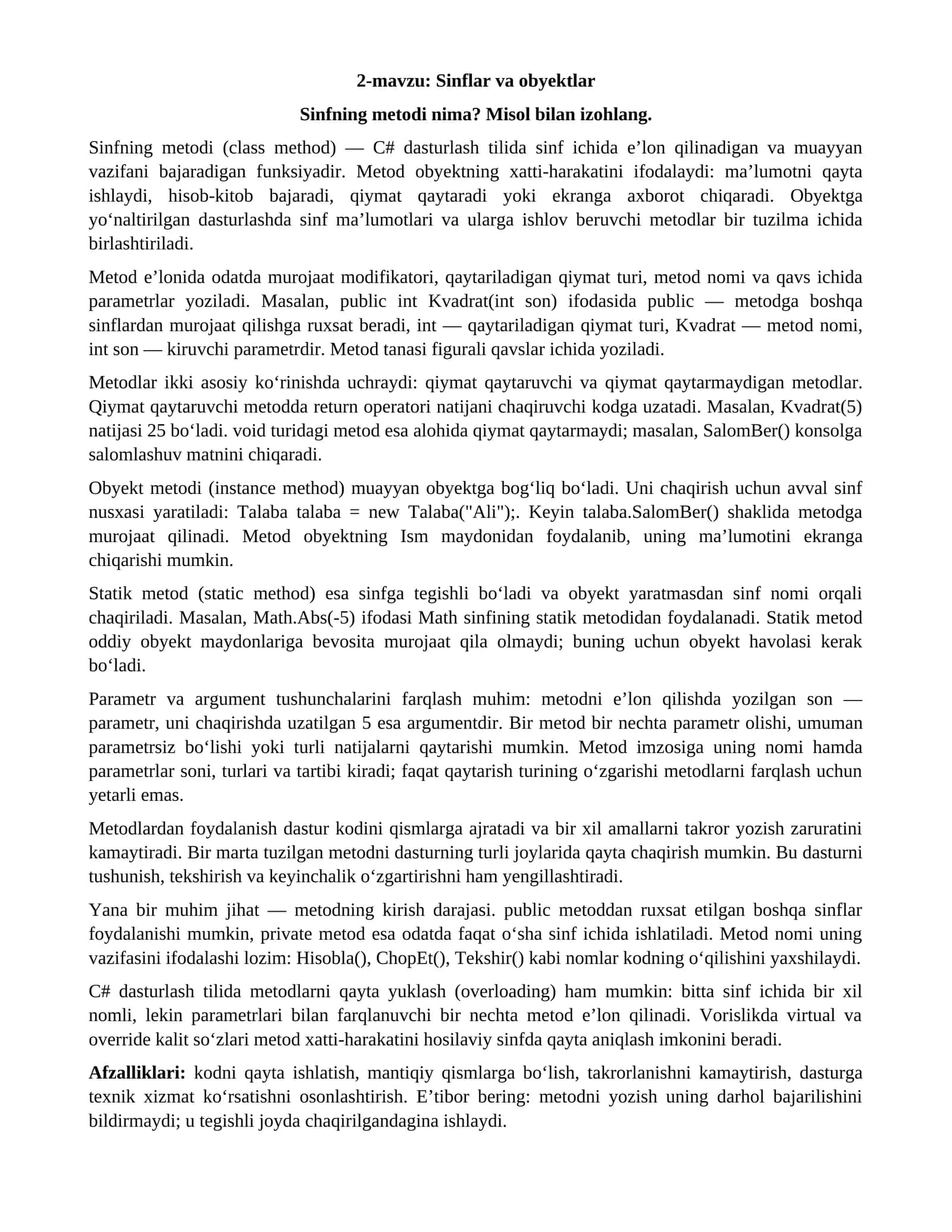 2-mavzu: Sinflar va obyektlar 1