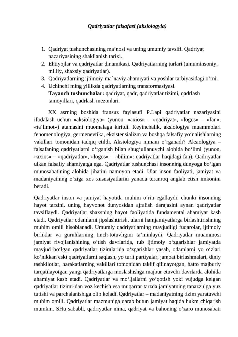 Qadriyatlar falsafasi (aksiologyia) 1