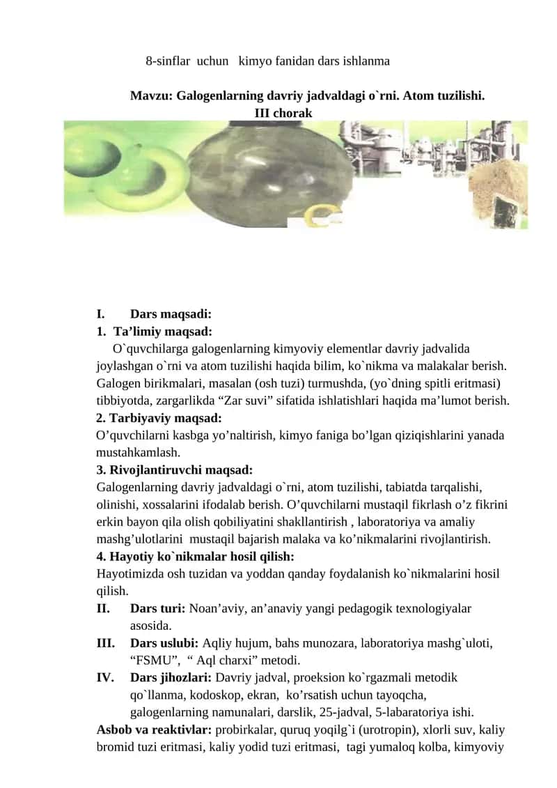 8-sinflar uchun kimyo fanidan dars ishlanma 1