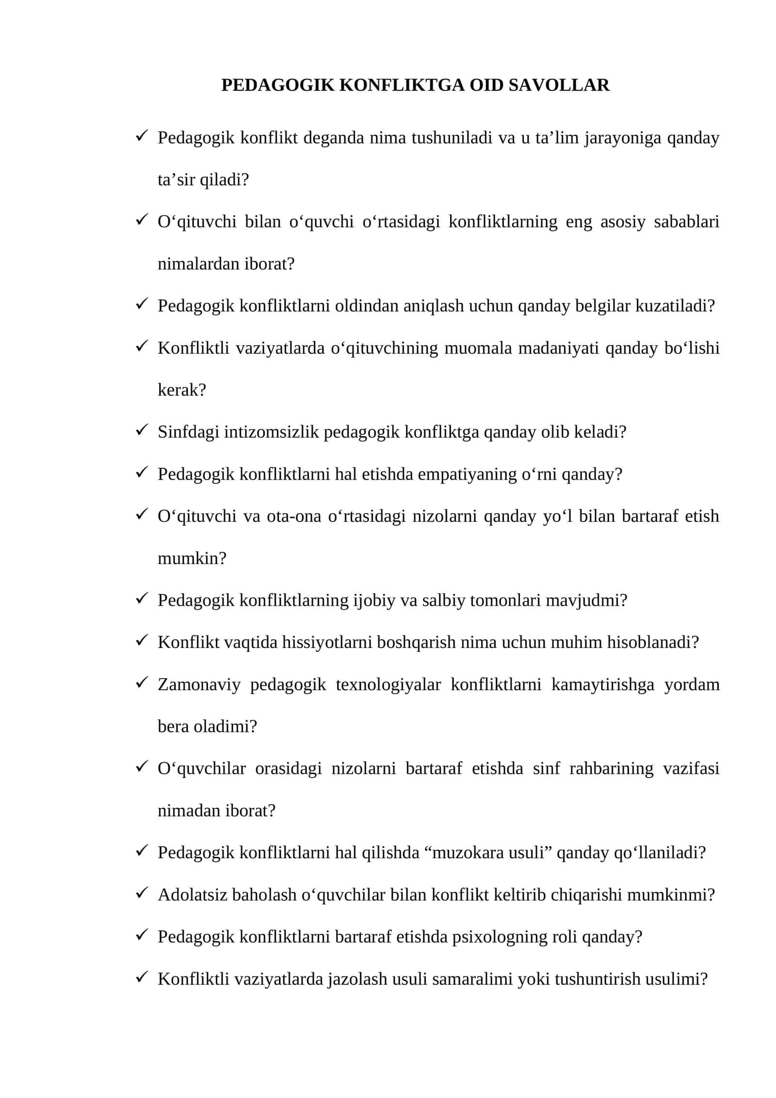 PEDAGOGIK KONFLIKTGA OID SAVOLLAR 1