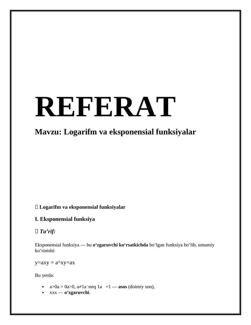 Logarifm va eksponensial funksiyalar 1