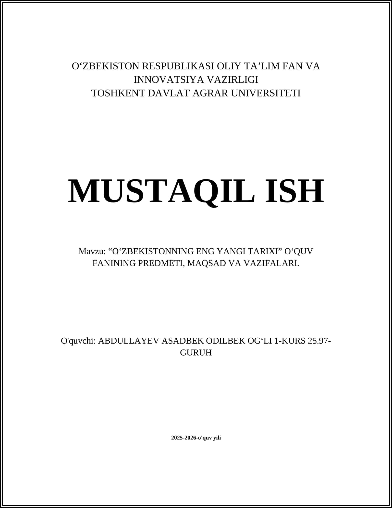 O'ZBEKISTONNING ENG YANGI TARIXI 1