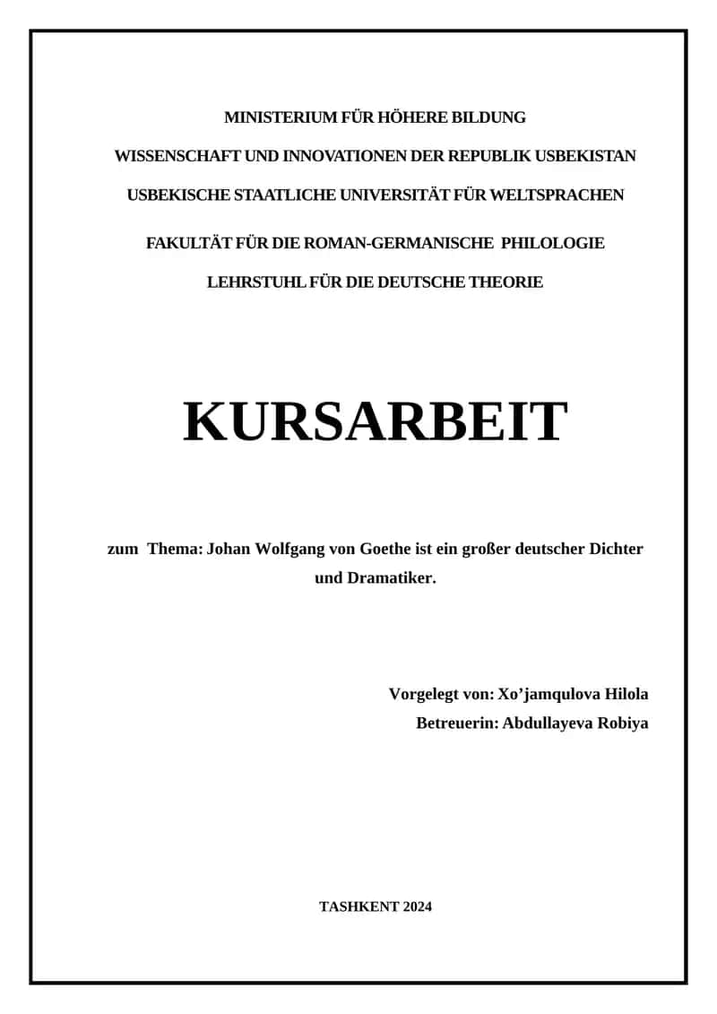 Kursarbeit über Johann Wolfgang von Goethe 1