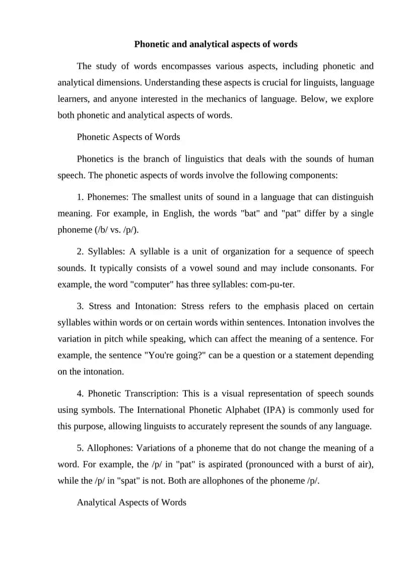 Phonetic and analytical aspects of words 1