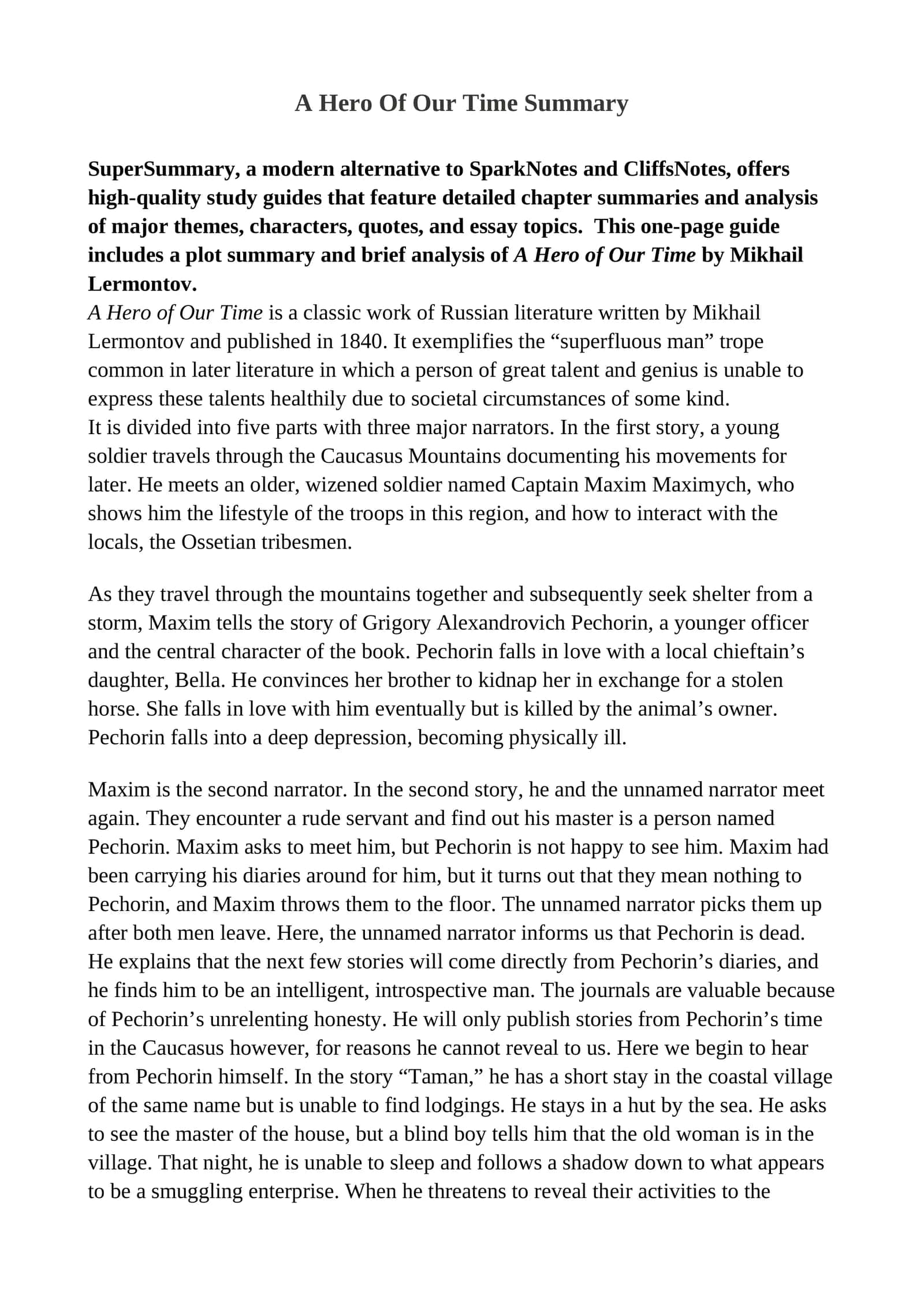 A Hero Of Our Time Summary 1