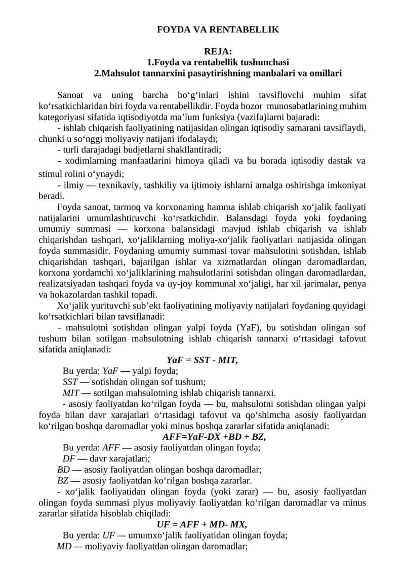 FOYDA VA RENTABELLIK 1