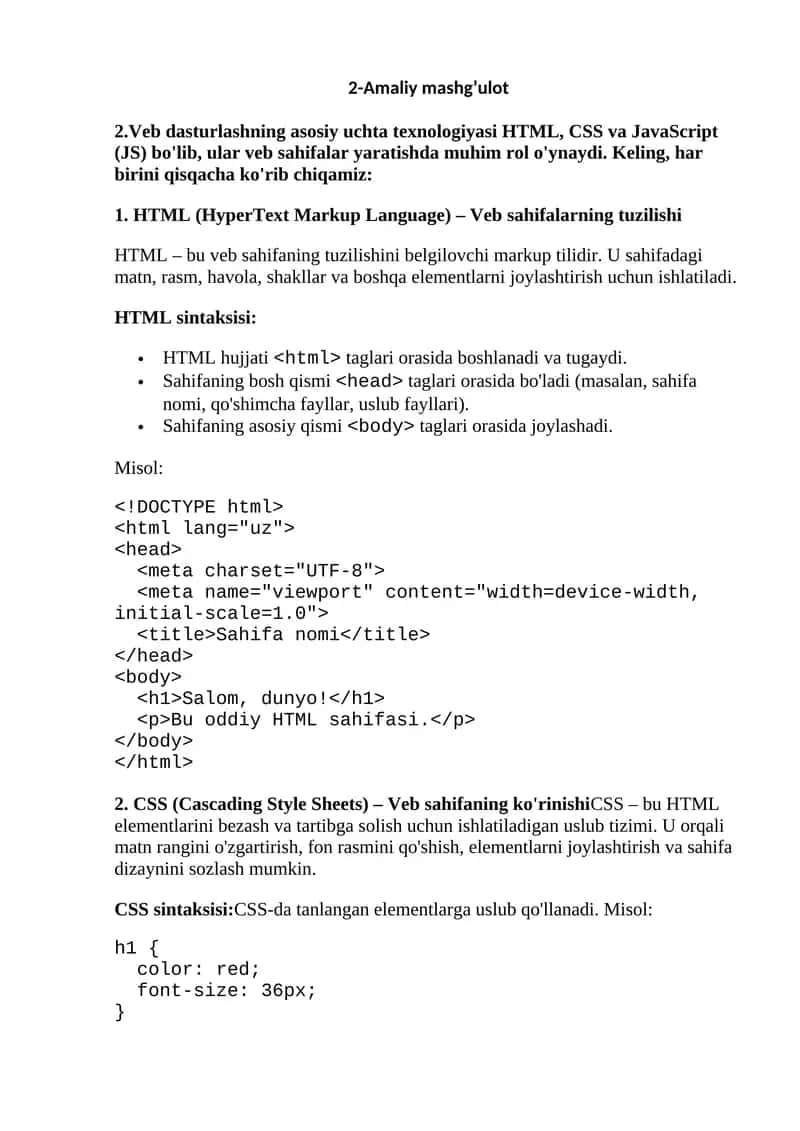HTML, CSS va JavaScript (JS) 1