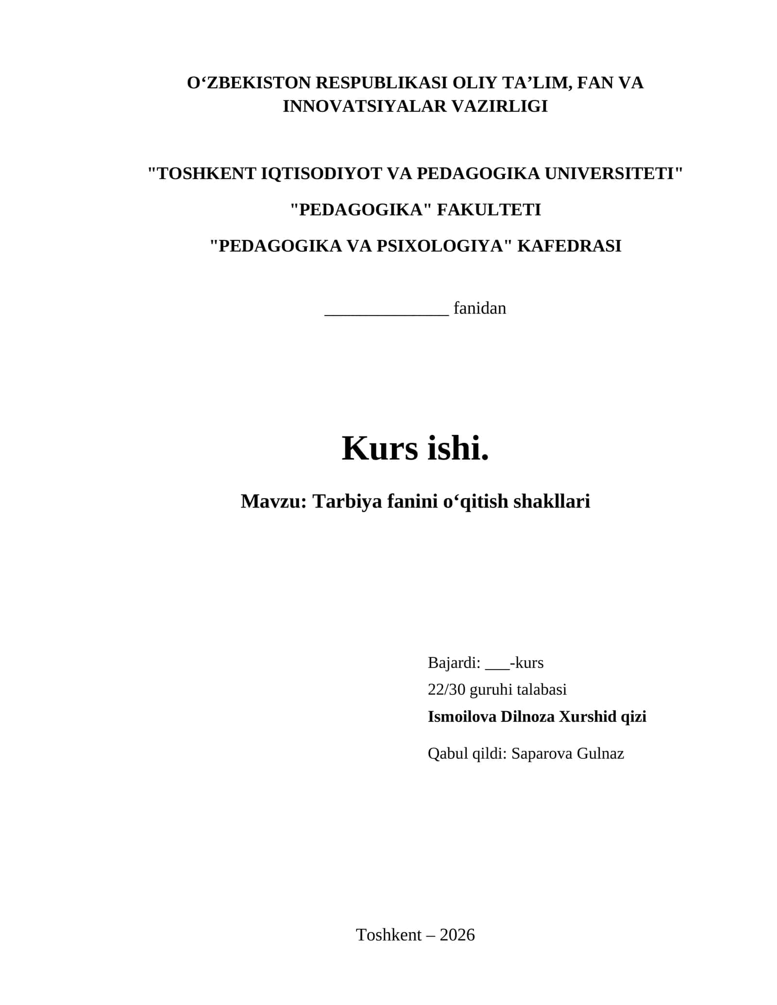 Tarbiya fanini oʻqitish shakllari 1