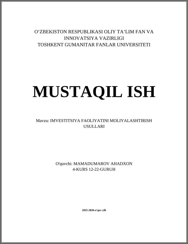 IMVESTITSIYA FAOLIYATINI MOLIYALASHTIRISH USULLARI 1