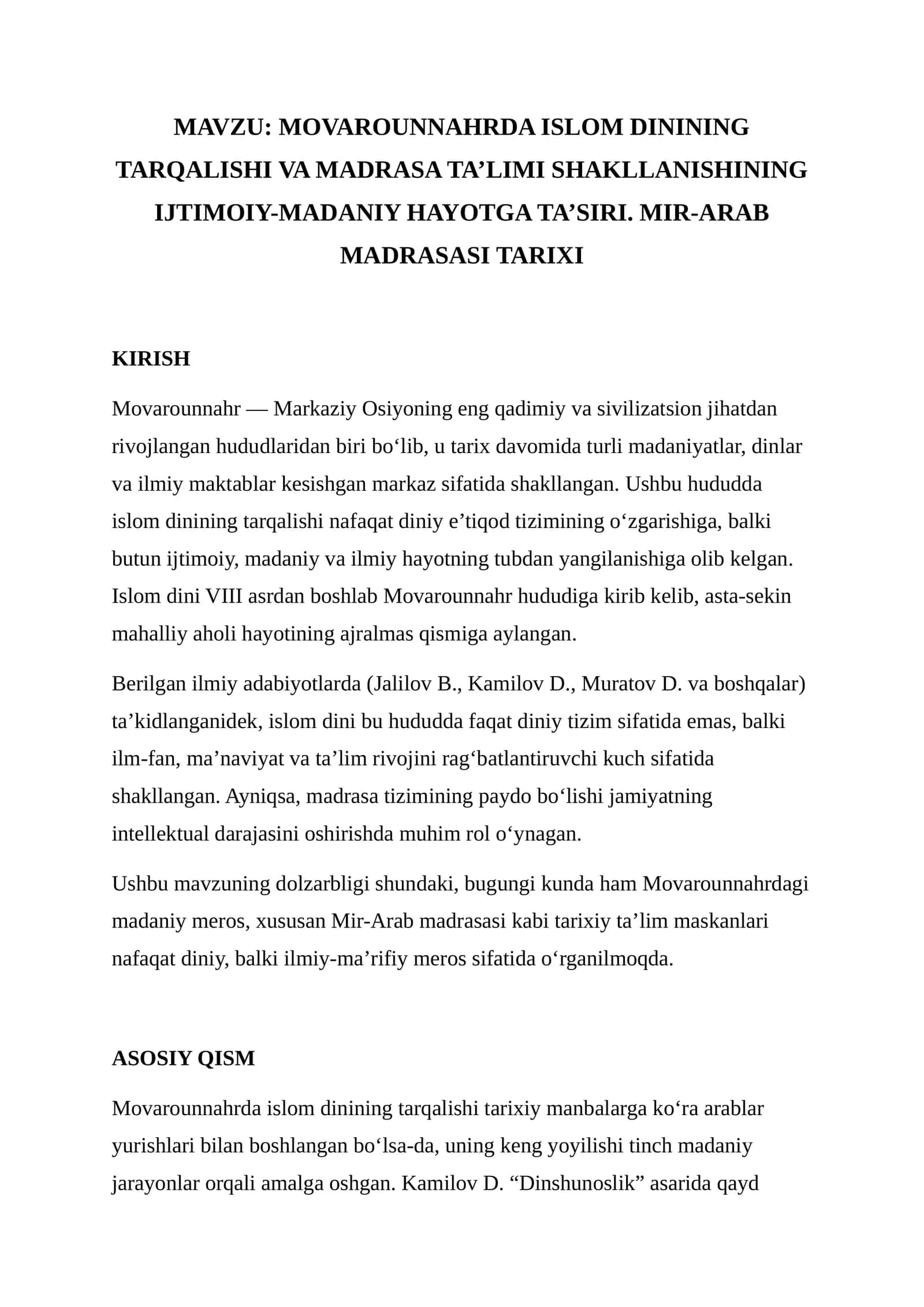 MOVAROUNNAHRDA ISLOM DININING TARQALISHI VA MADRASA TA’LIMI SHAKLLANISHINING IJTIMOIY-MADANIY HAYOTGA TA’SIRI 1