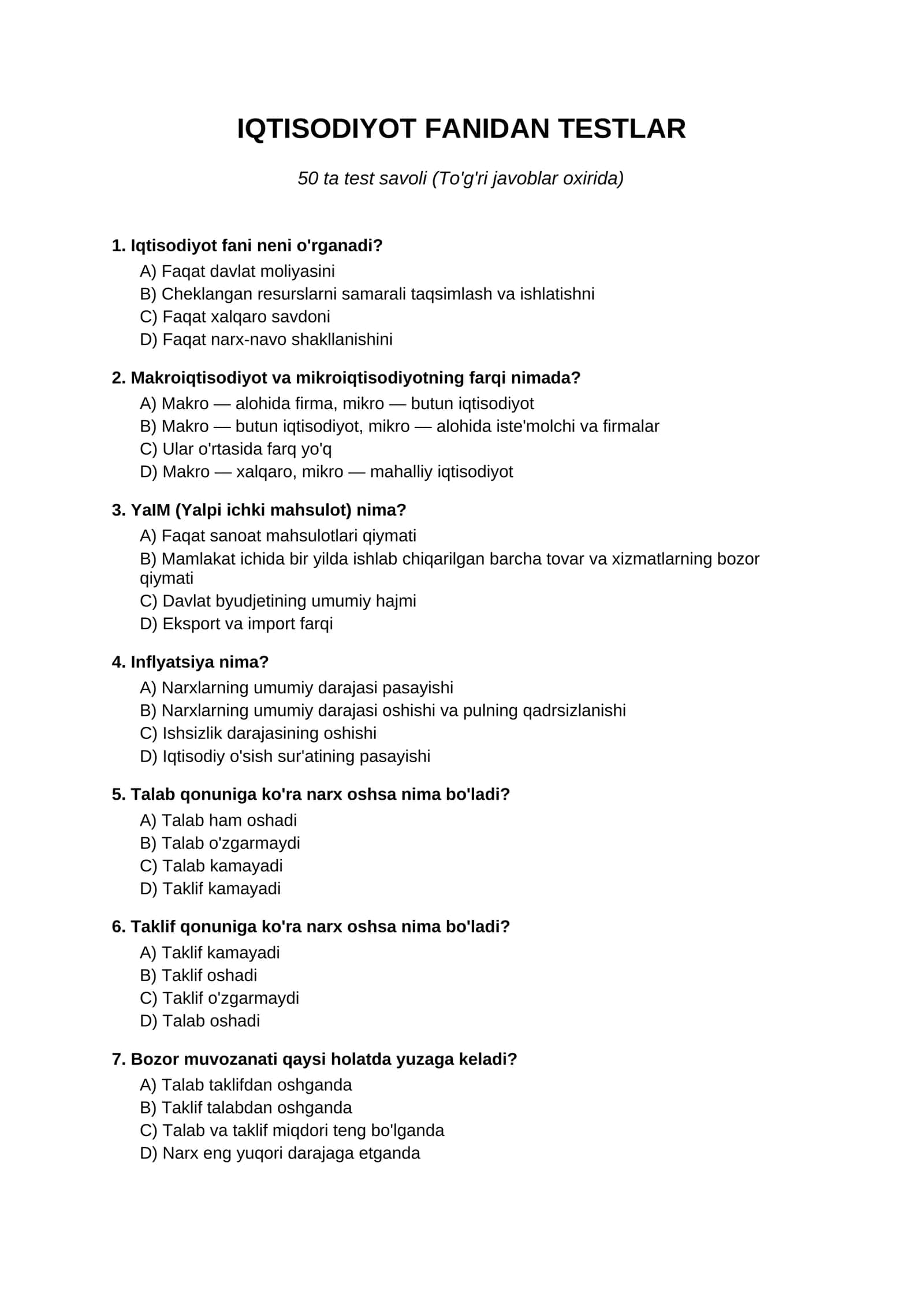 IQTISODIYOT FANIDAN TESTLAR 1