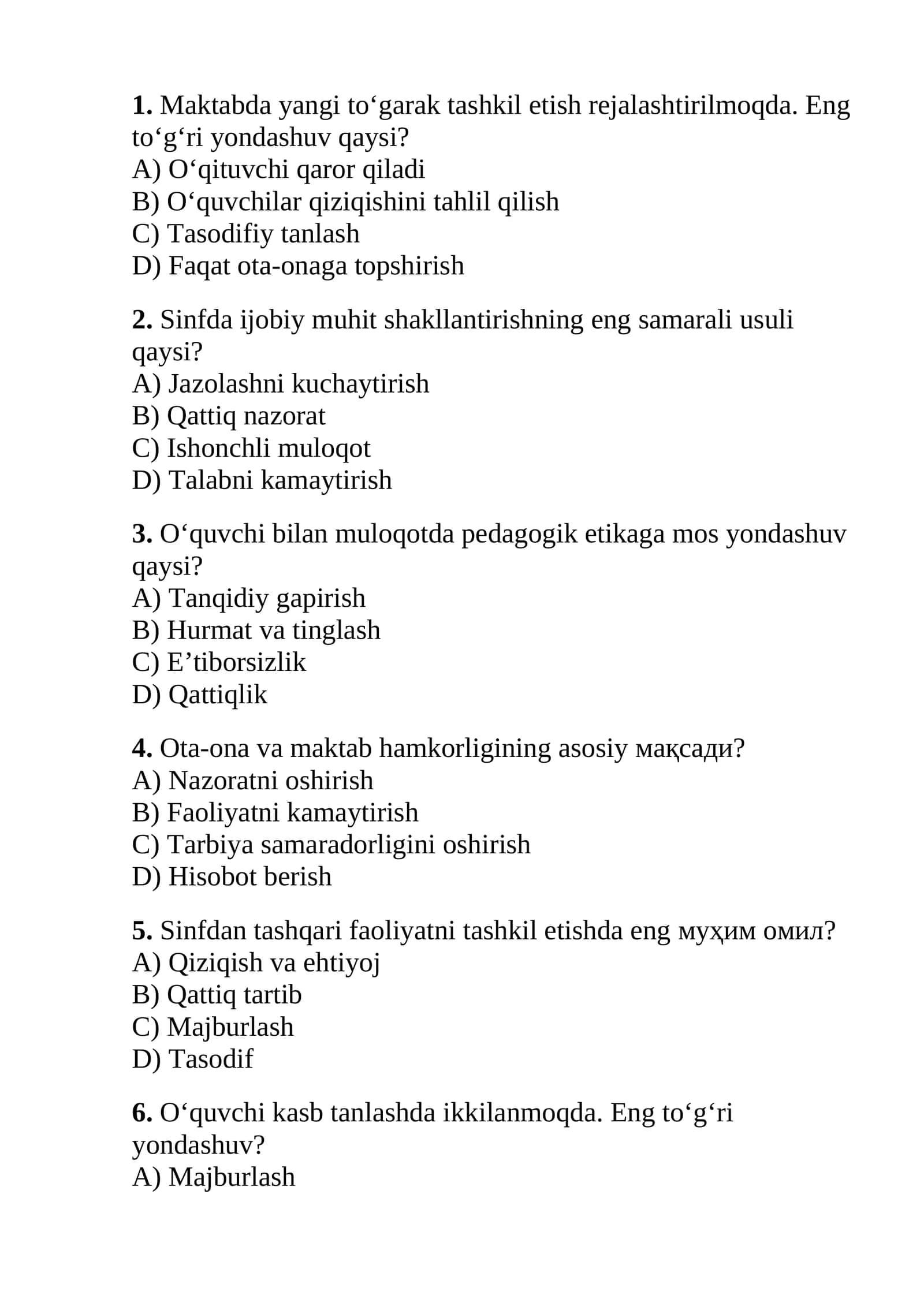Maktab maslahatchilari uchun testlar to'plami 1