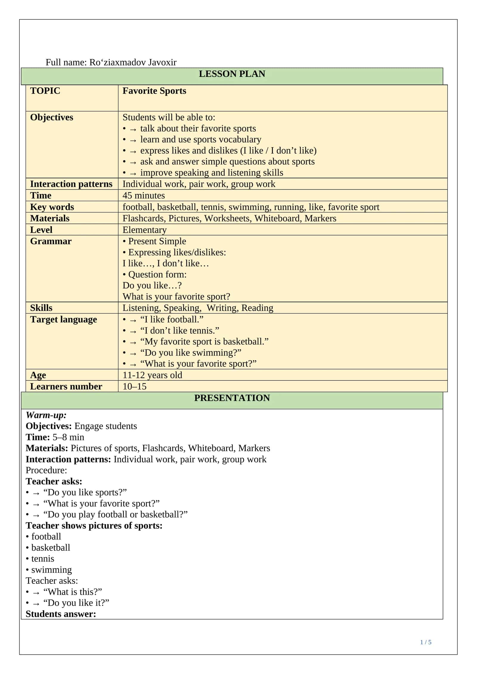 Lesson plan ESP Favorite Sports 1
