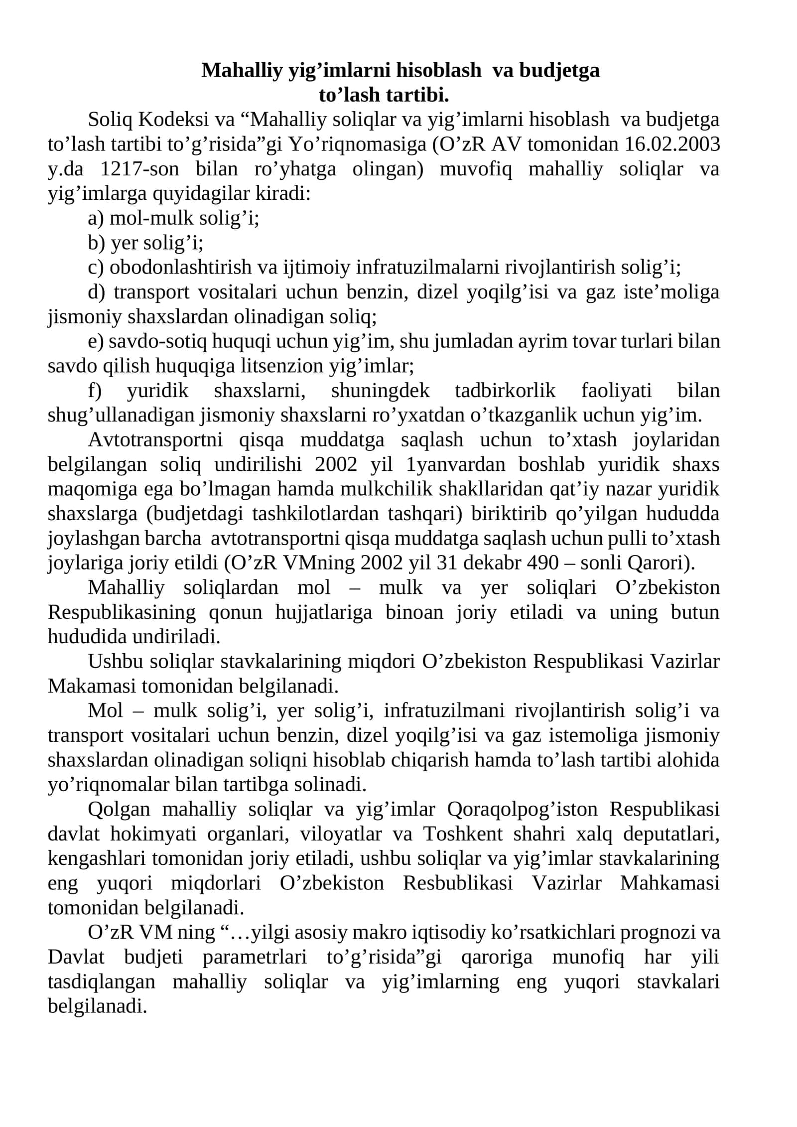 Mahalliy yig’imlarni hisoblash va budjetga to’lash tartibi 1