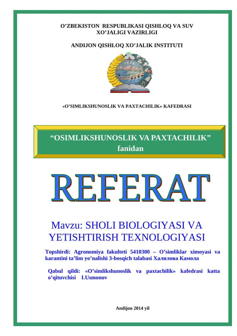 SHOLI BIOLOGIYASI VA YETISHTIRISH TEXNOLOGIYASI 1