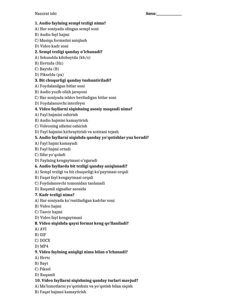 11-sinf informatika test yillik 1