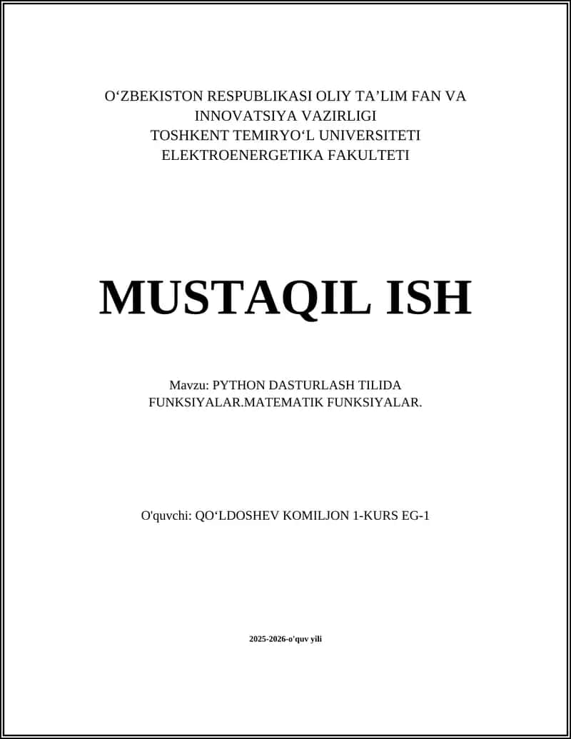 PYTHON DASTURLASH TILIDA FUNKSIYALAR 1