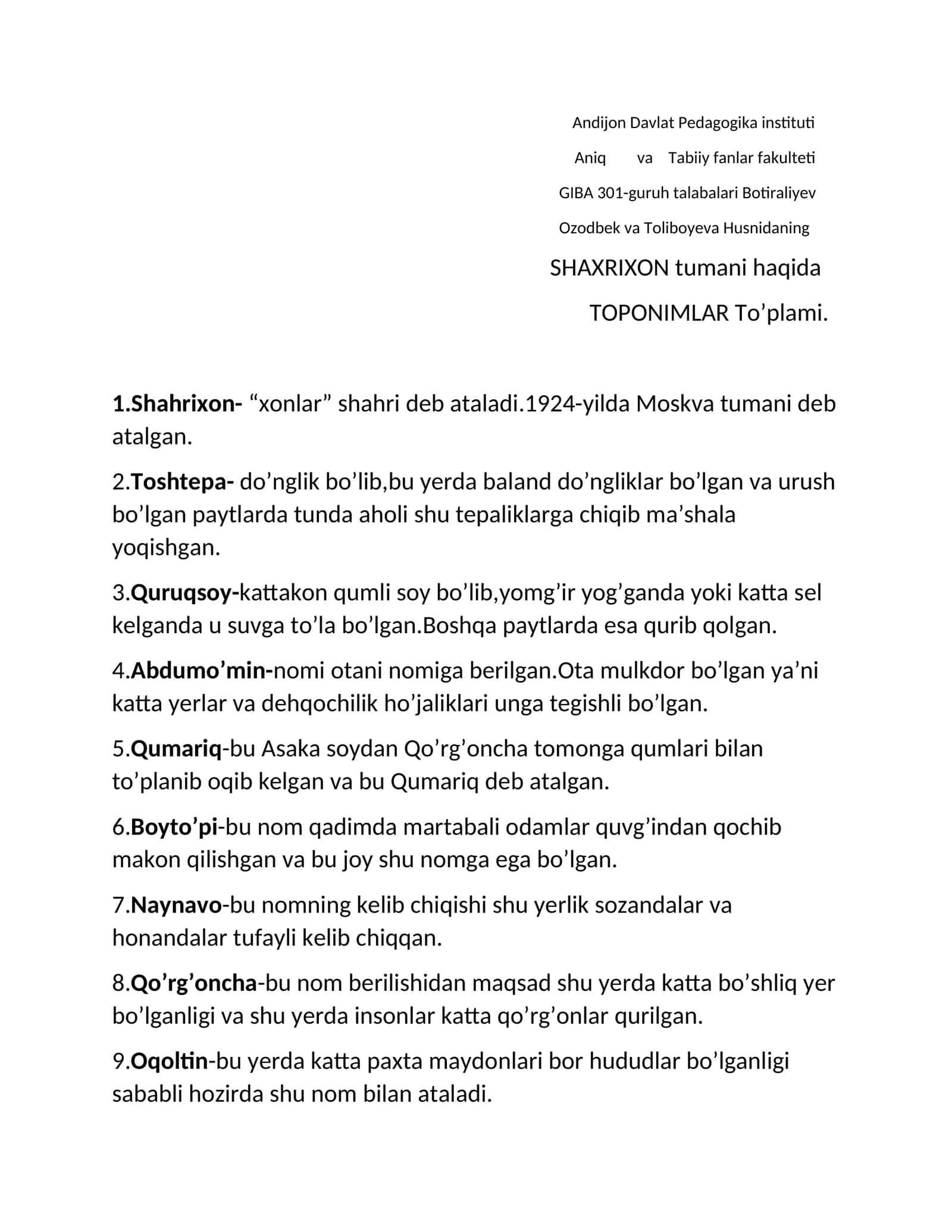 TOPONIMLAR To’plami 1