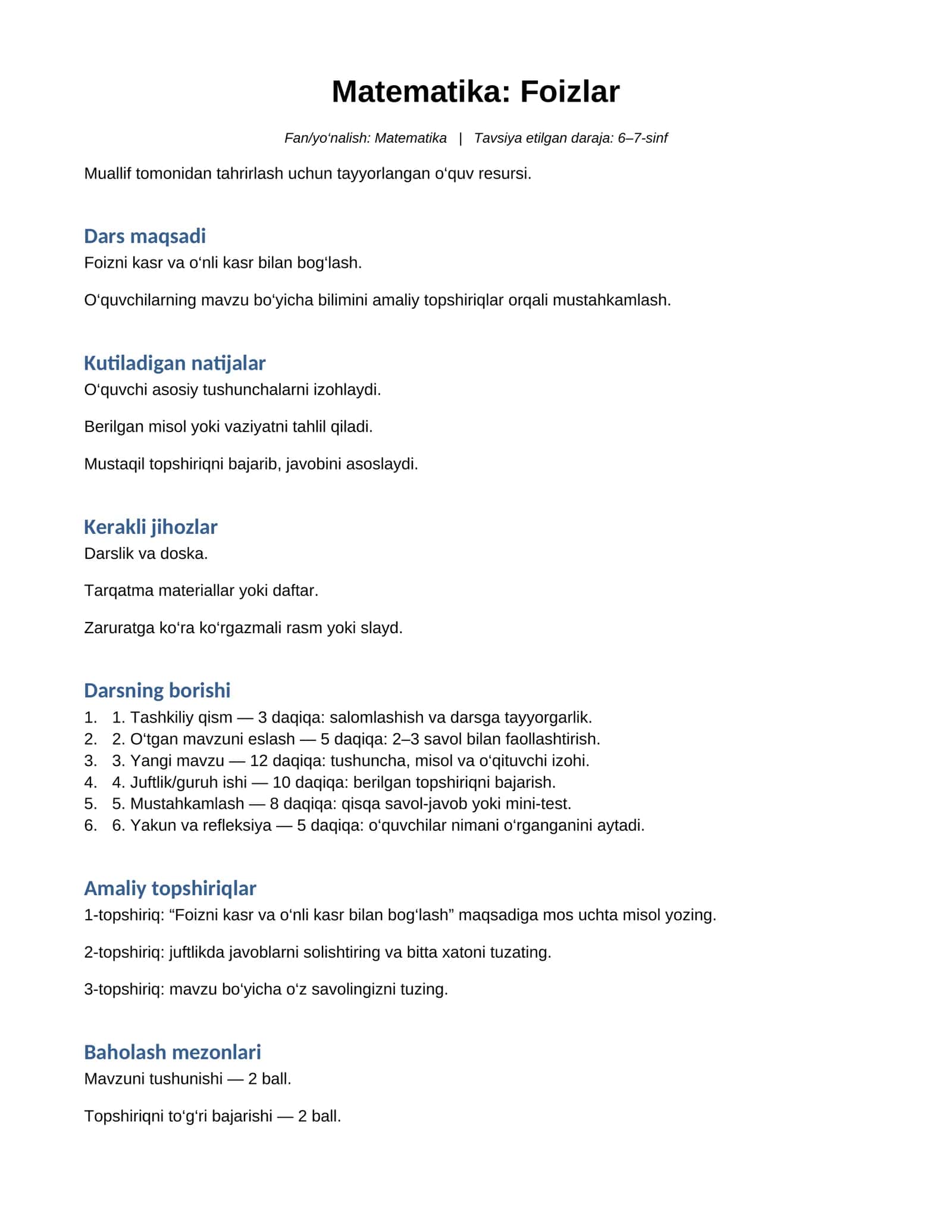 Matematika: Foizlar 1