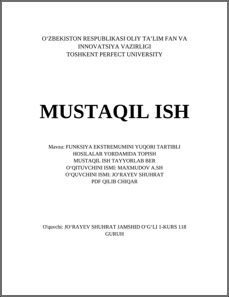FUNKSIYA EKSTRЕMUMINI YUQORI TARTIBLI HOSILALAR YORDAMIDA TOPISH 1