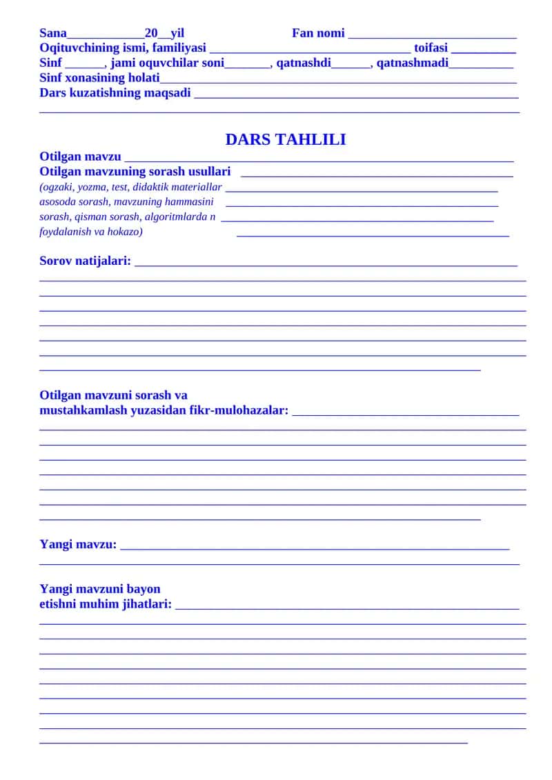 Dars tahlili daftari namuna 1