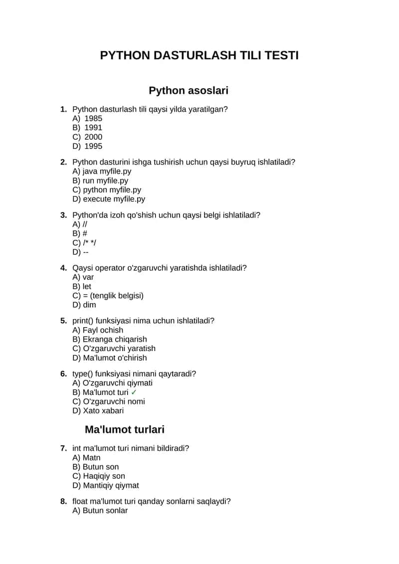 PYTHON DASTURLASH TILI TESTI 1