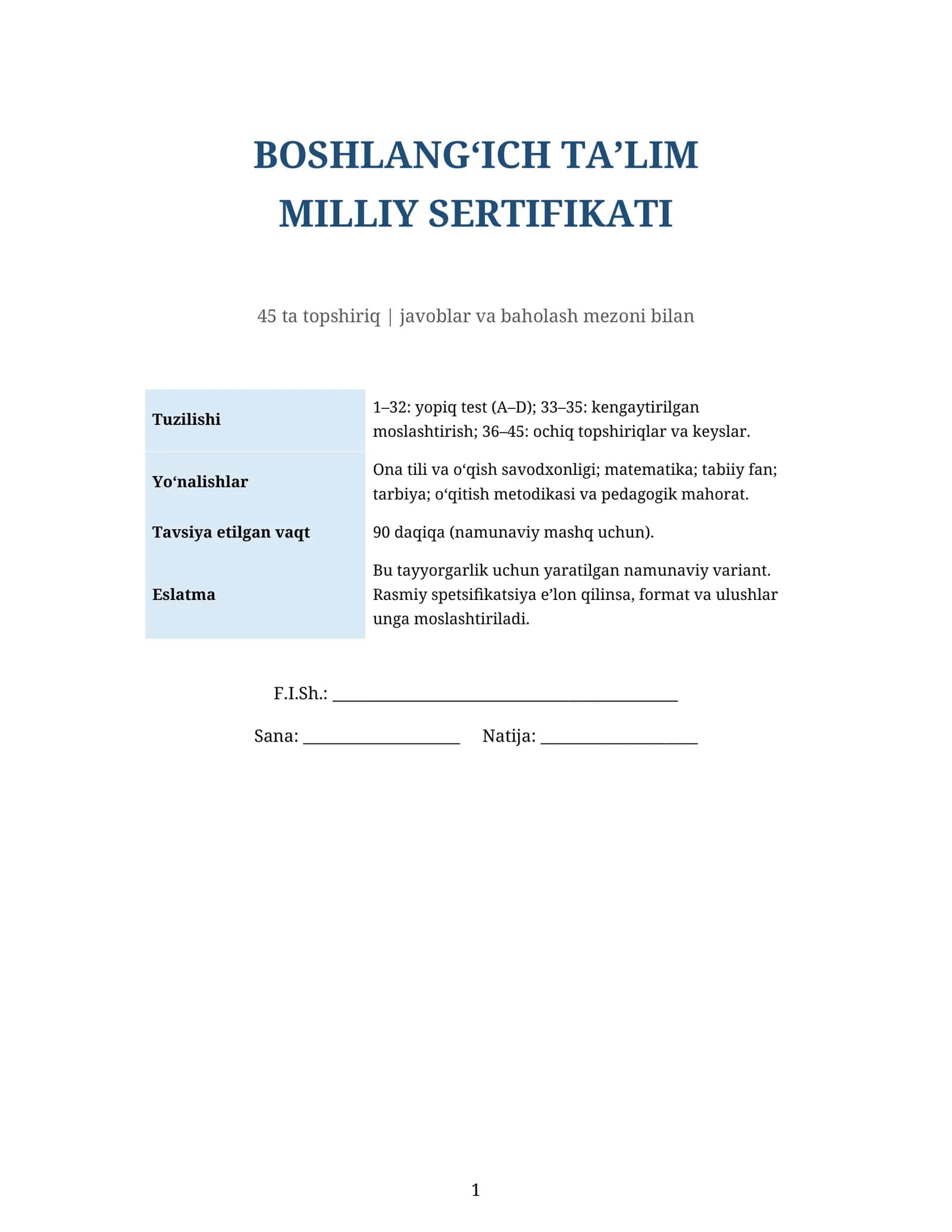 BOSHLANG‘ICH TA’LIM MILLIY SERTIFIKATI 1