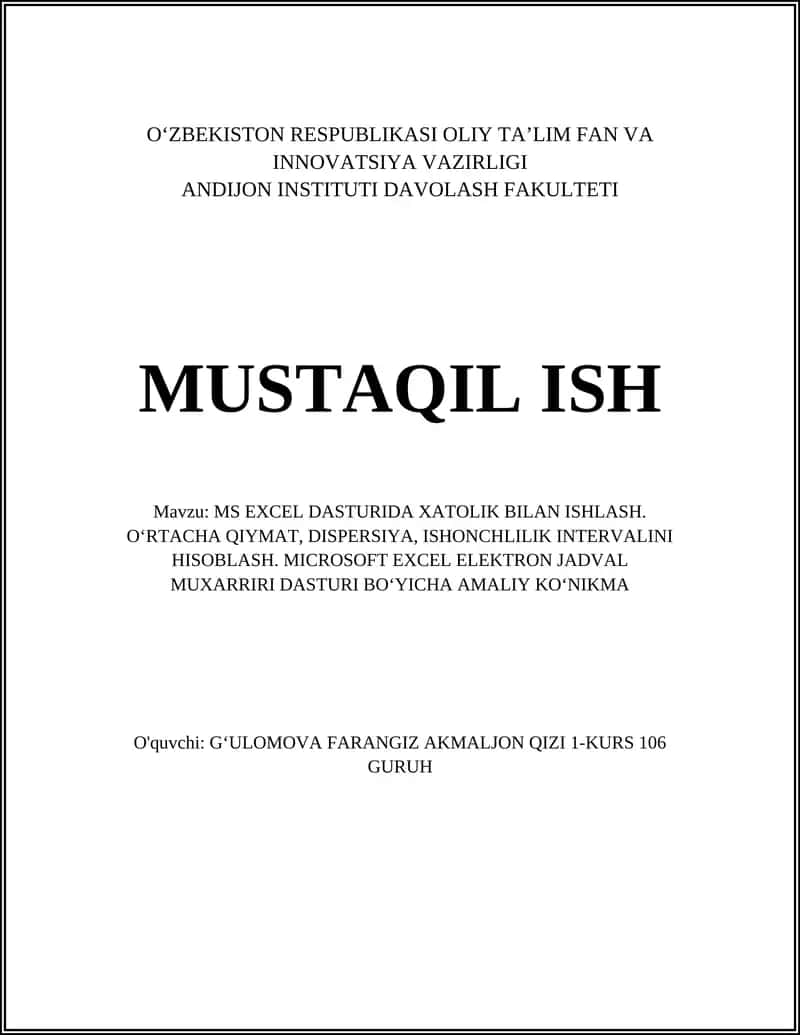 MS EXCEL DASTURIDA XATOLIK BILAN ISHLASH 1
