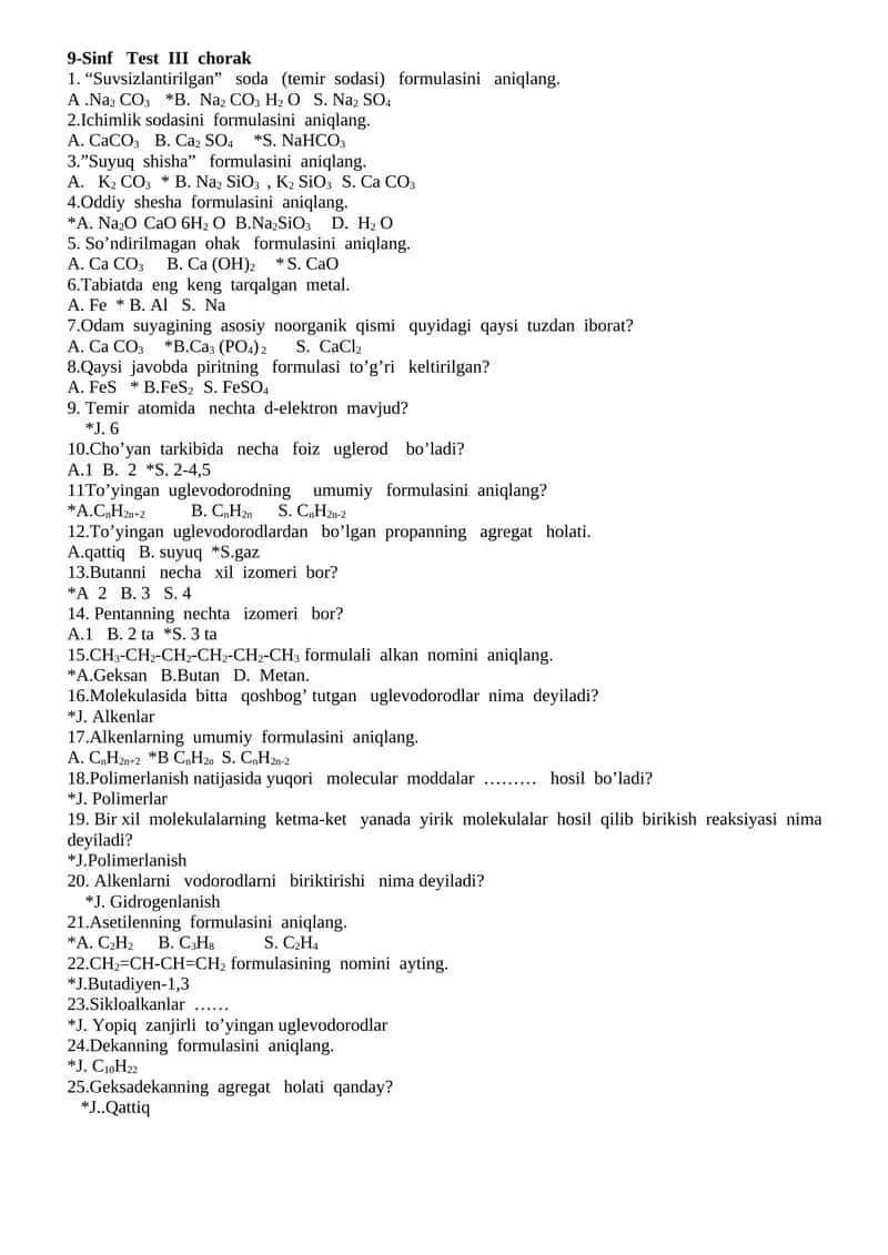 9-Sinf Test III chorak 1