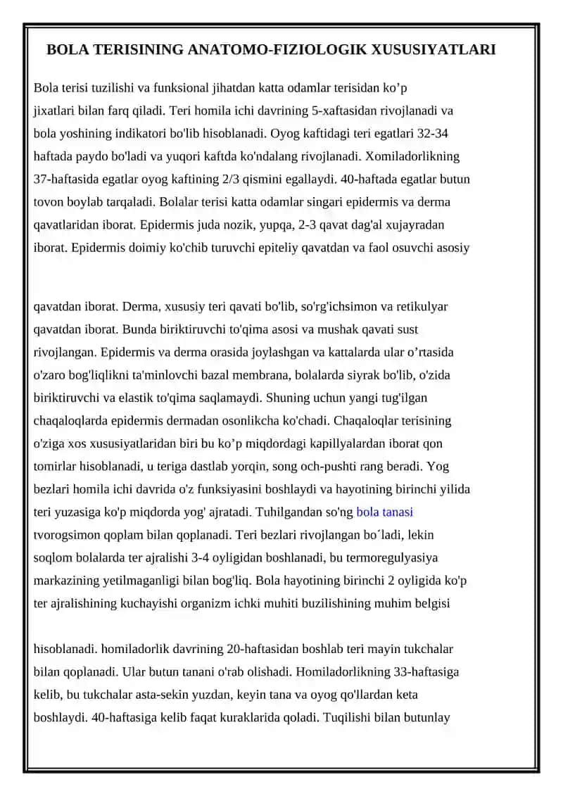 BOLA TERISINING ANATOMO-FIZIOLOGIK XUSUSIYATLARI