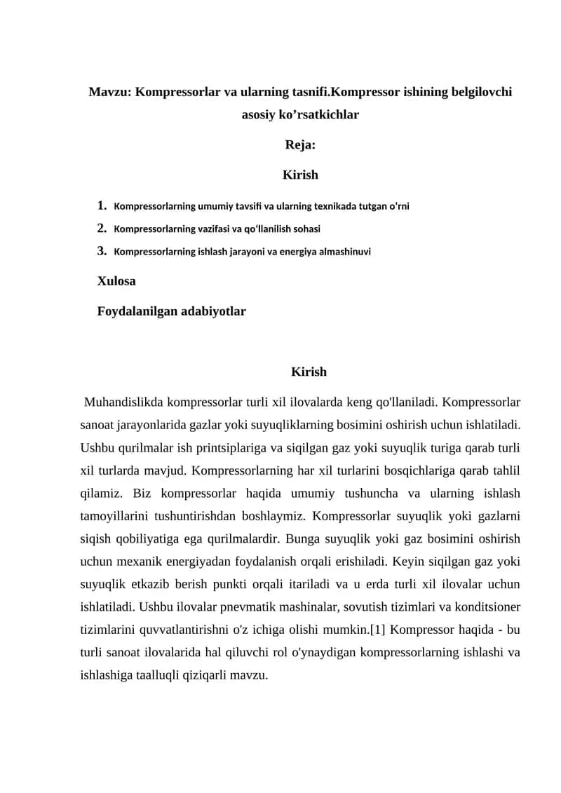 Kompressorlar va ularning tasnifi 1