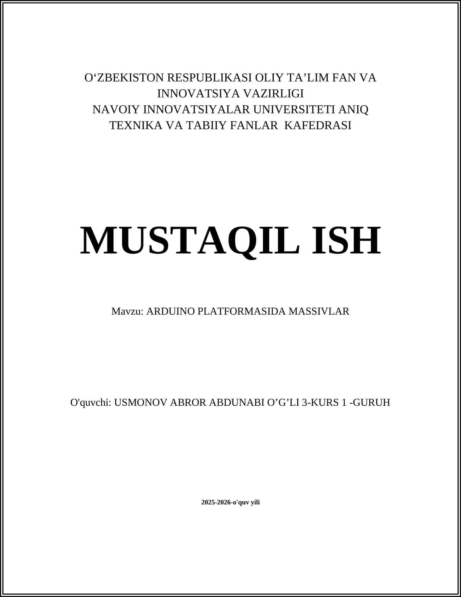 ARDUINO PLATFORMASIDA MASSIVLAR 1