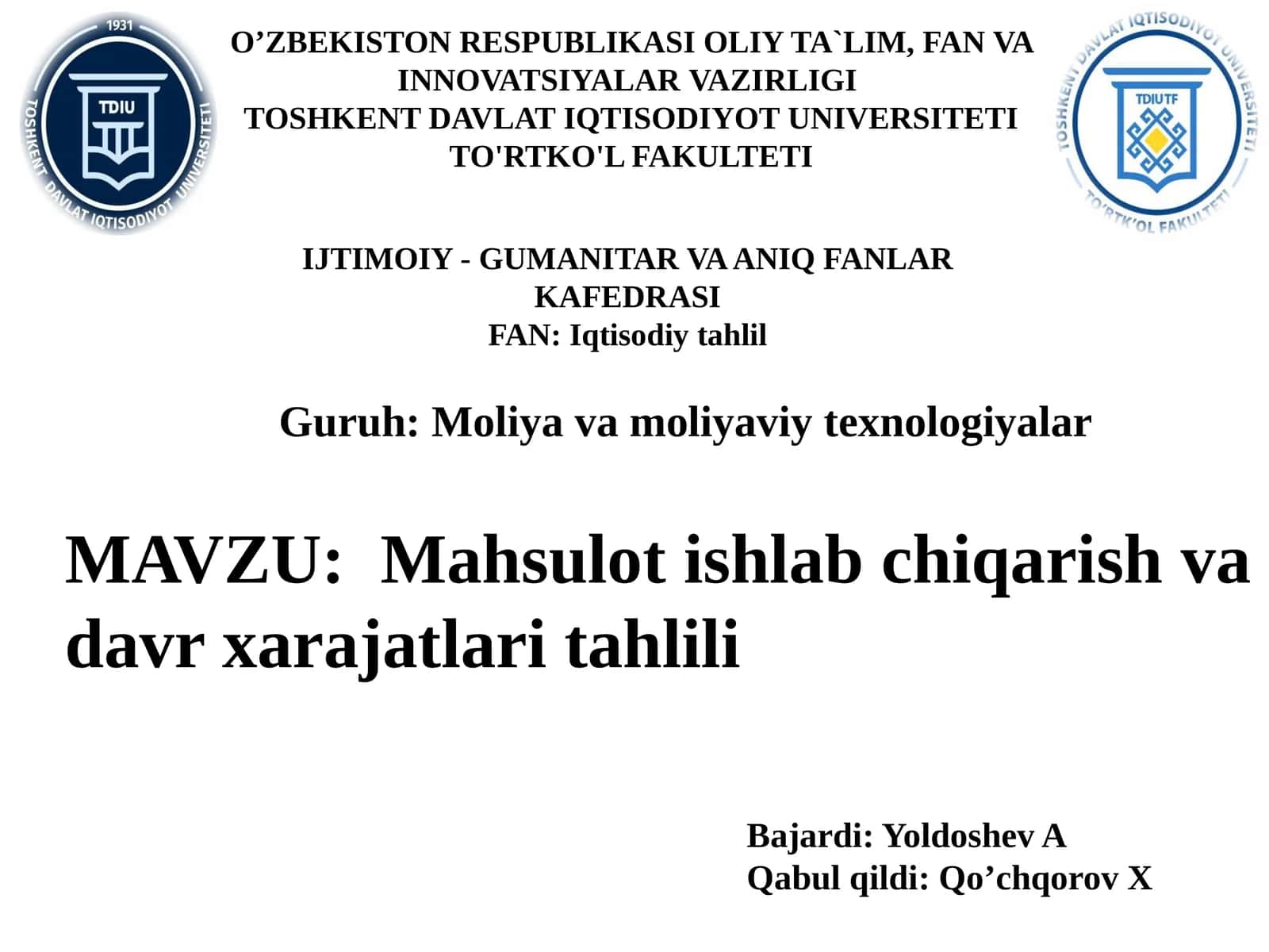 Mahsulot ishlab chiqarish va xarajatlarining tahlili 1