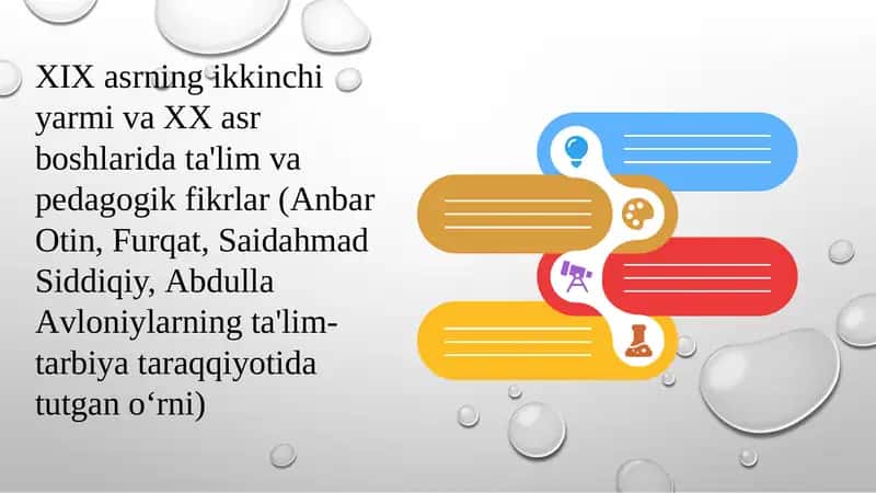XIX asrning ikkinchi yarmi va XX asr boshlarida ta'lim va pedagogik fikrlar (Anbar Otin, Furqat, Saidahmad Siddiqiy, Abdulla Avloniylarning ta'lim-tarbiya taraqqiyotida tutgan o‘rni 1