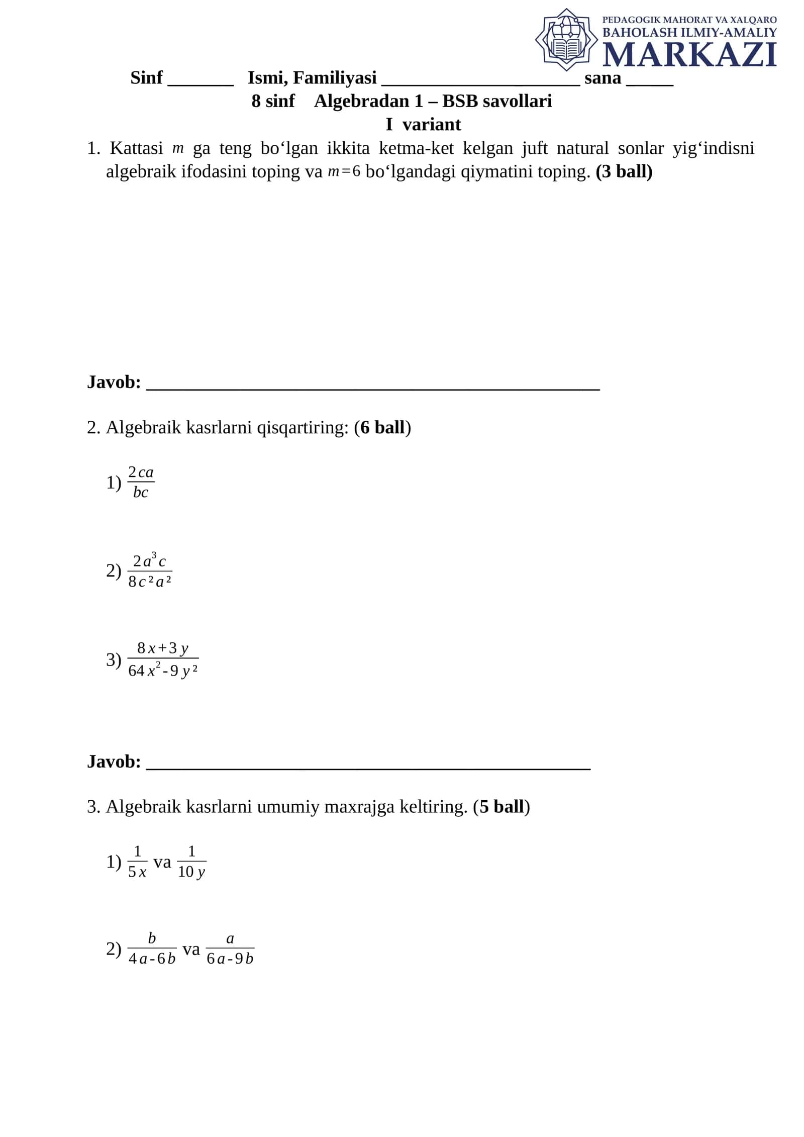 Algebraik ifodalar 1