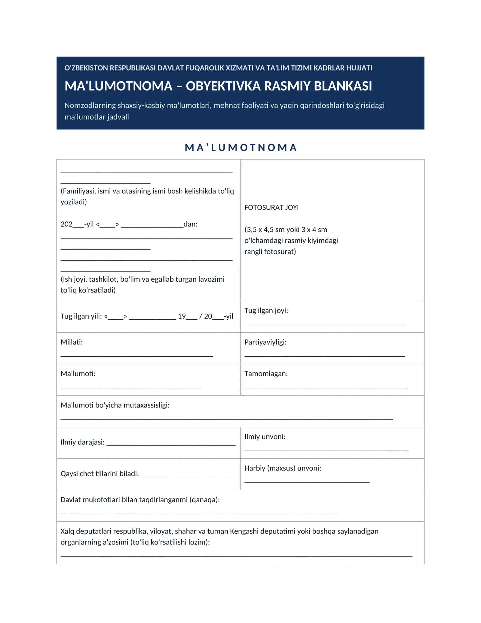 MA'LUMOTNOMA – OBYEKTIVKA RASMIY BLANKASI 1