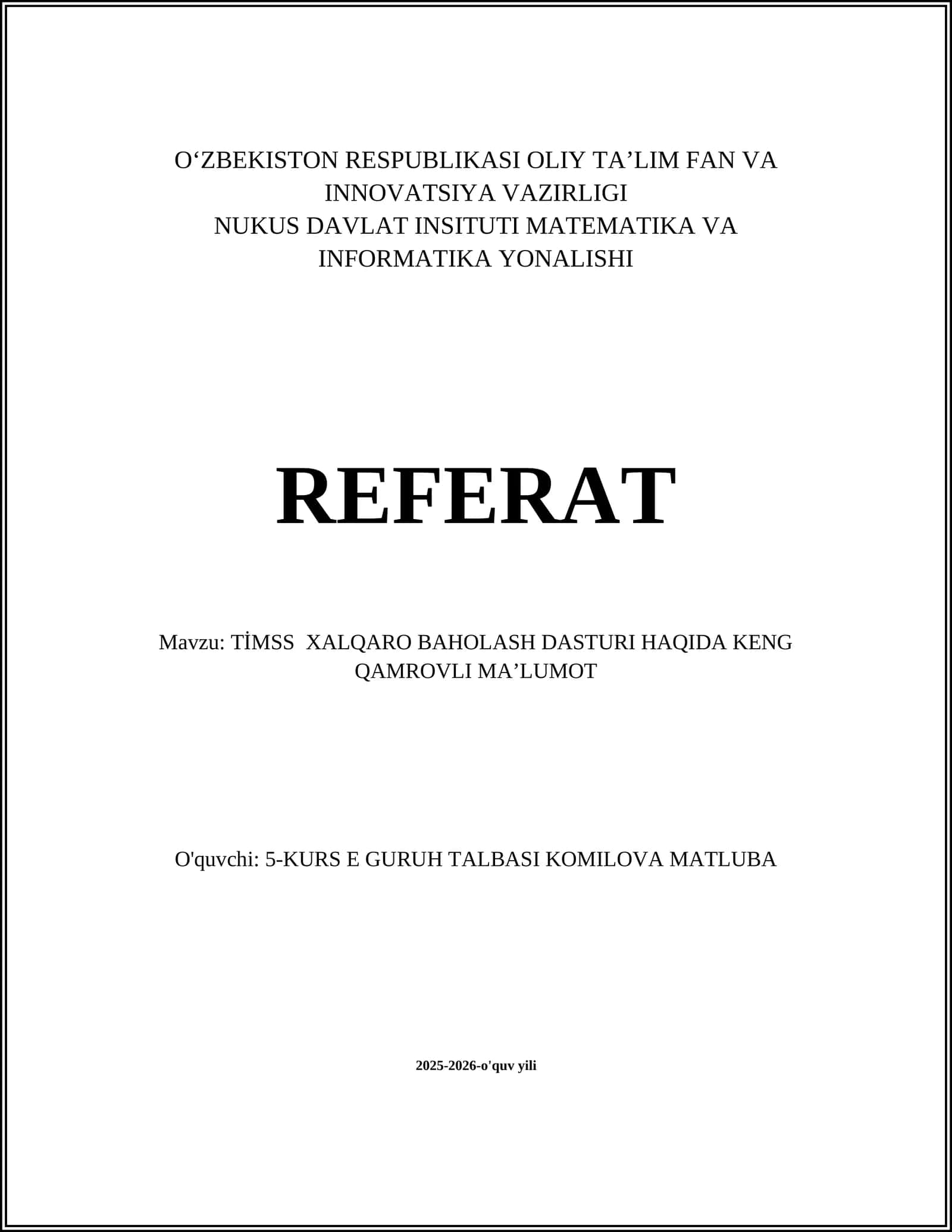 TIMSS Xalqaro Baholash Dasturi 1