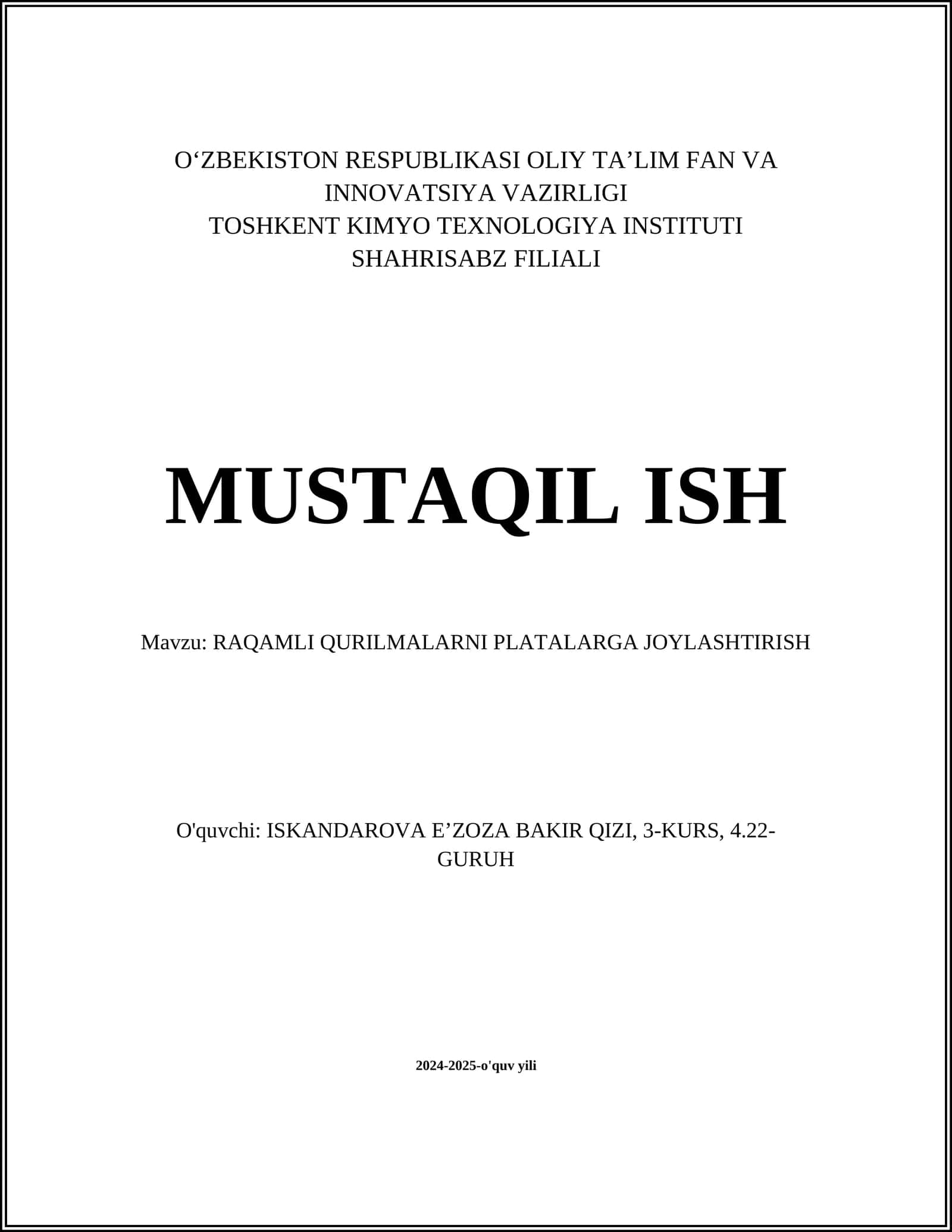 RAQAMLI QURILMALARNI PLATALARGA JOYLASHTIRISH 1