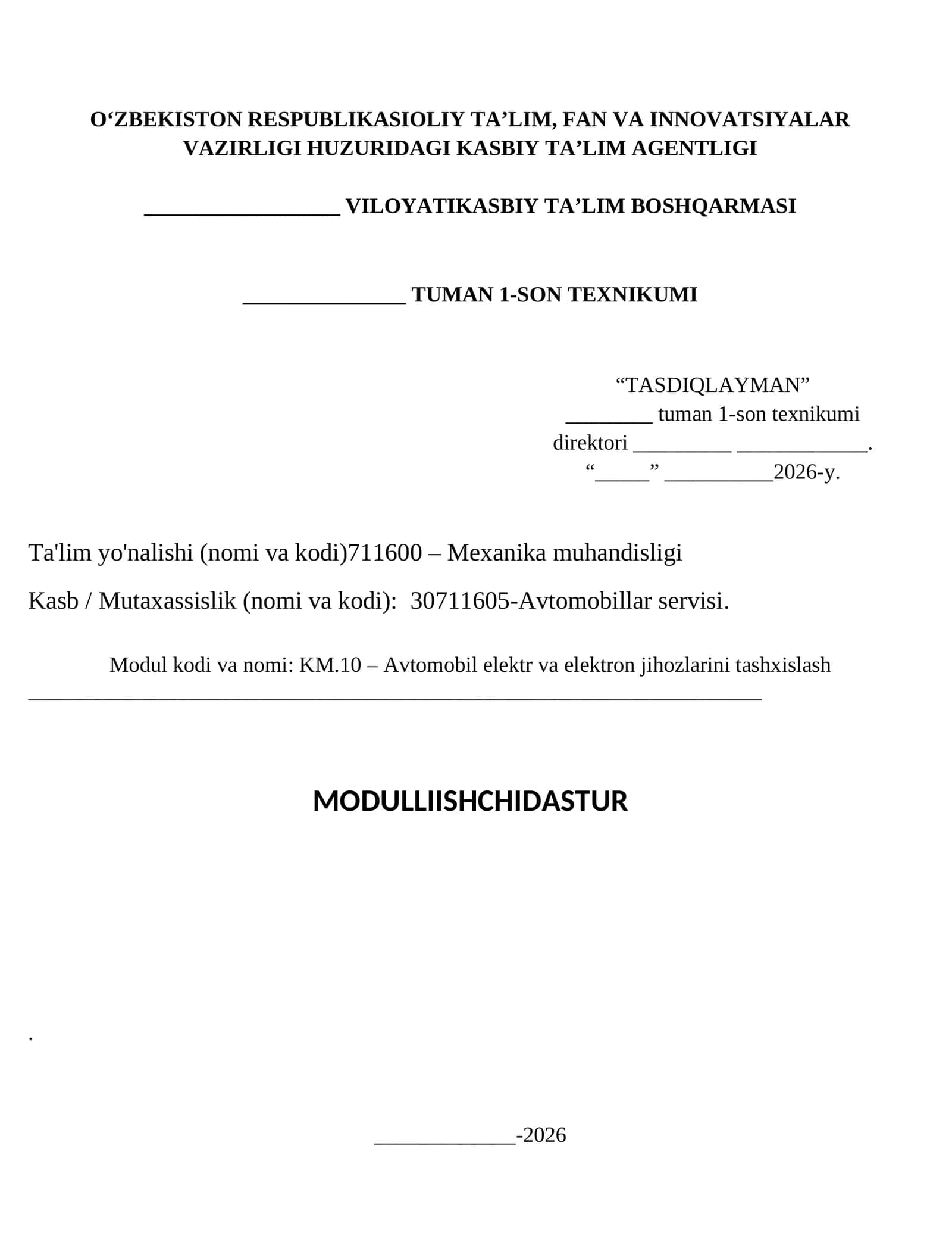 KM.10 – Avtomobil elektr va elektron jihozlarini tashxislash 1