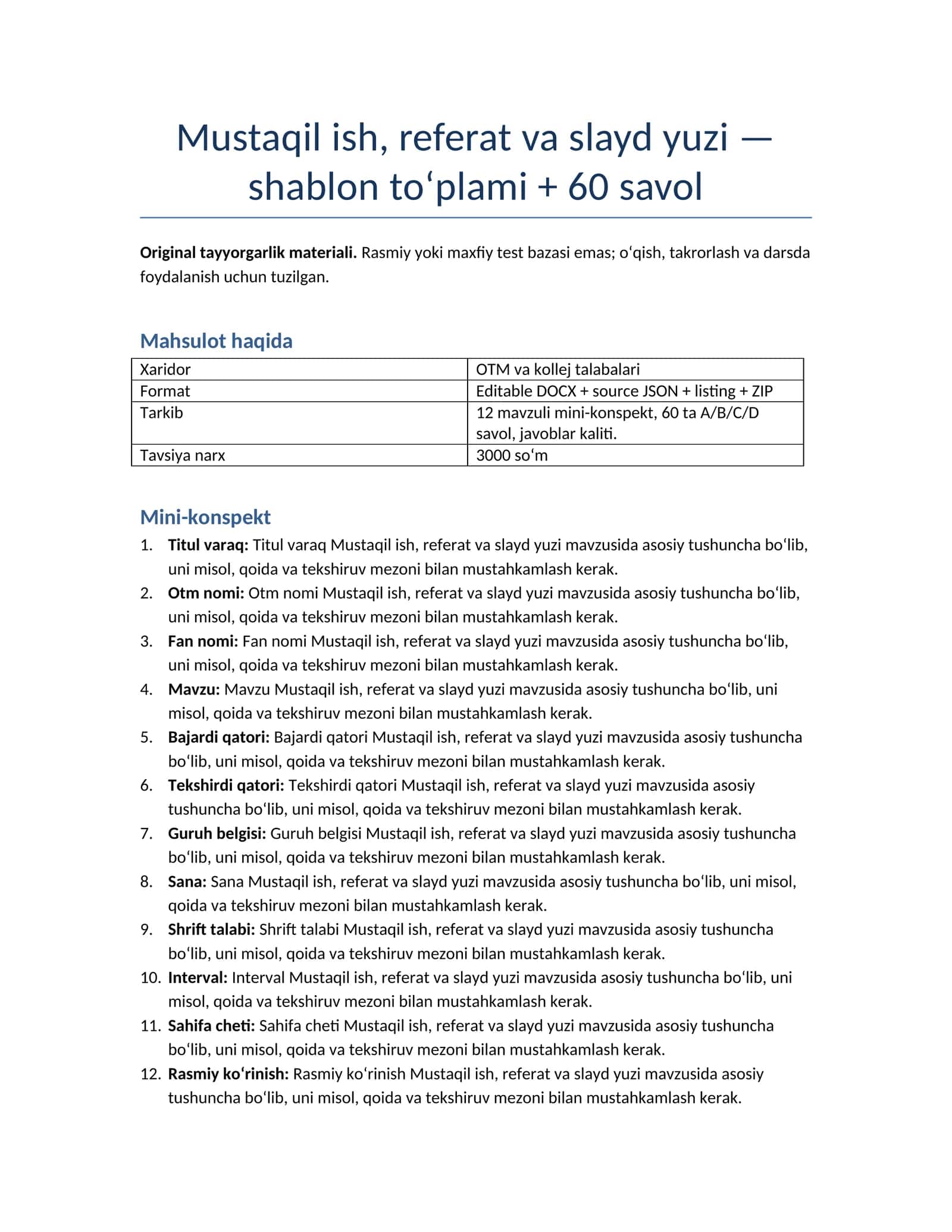 Mini-konspekt shablon to‘plami, 12 mavzuli mini-konspekt, 60 ta A/B/C/D savol, javoblar kaliti 1