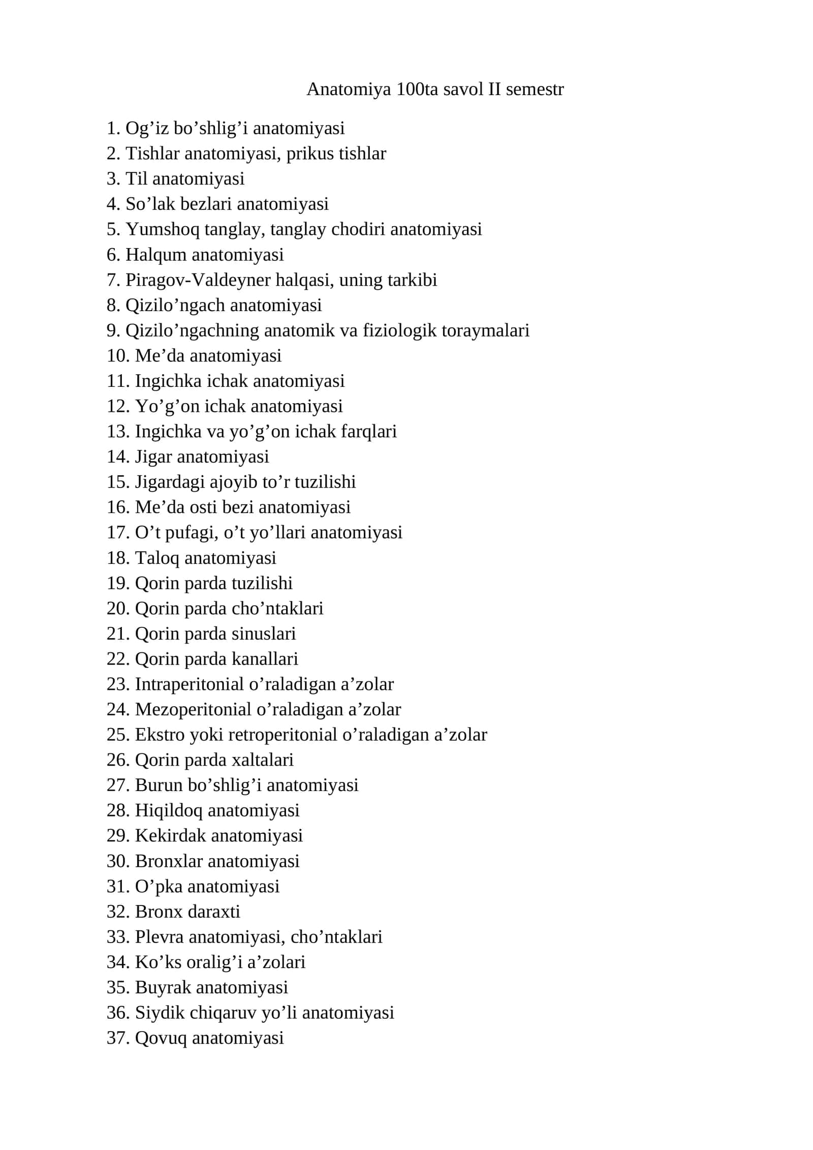 Anatomiya 100ta savol II semestr 1