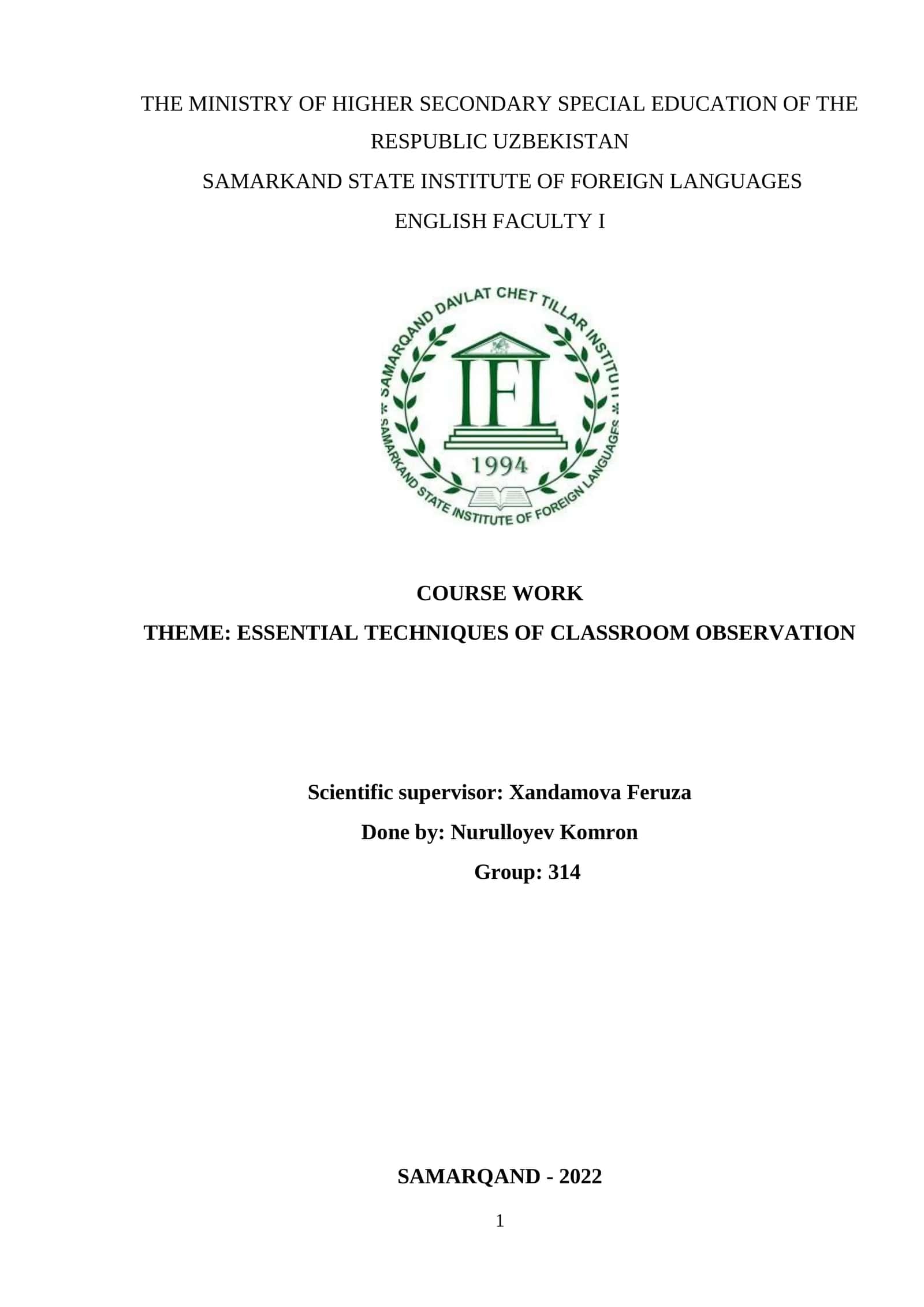 ESSENTIAL TECHNIQUES OF CLASSROOM OBSERVATION 1