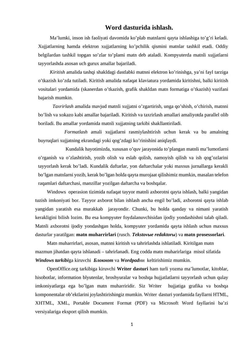 Word dasturida ishlash. 1