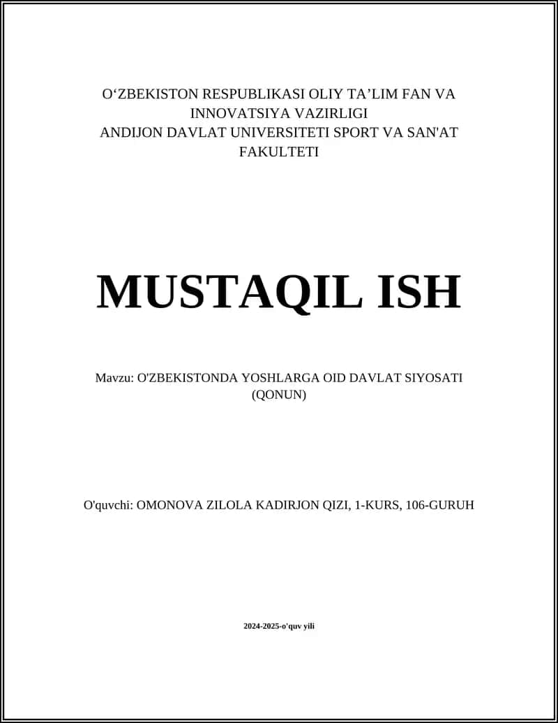O'ZBEKISTONDA YOSHLARGA OID DAVLAT SIYOSATI (QONUN) 1