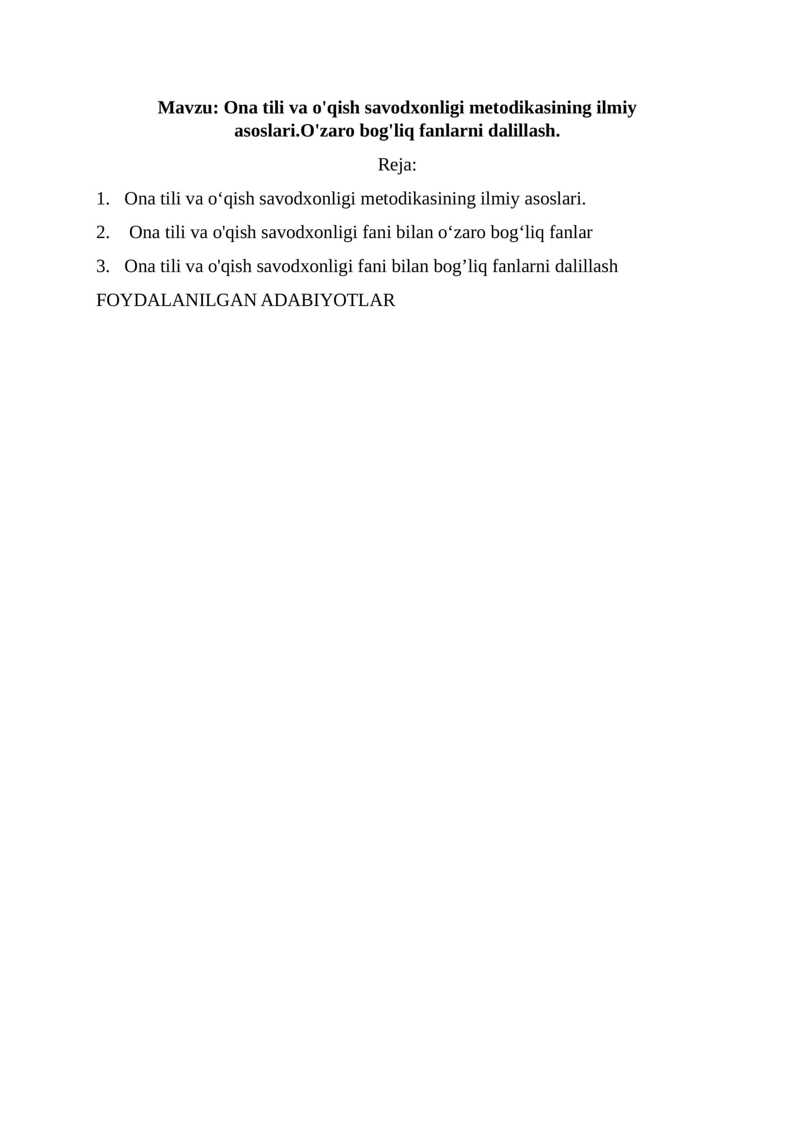Ona tili va o'qish savodxonligi metodikasi 1