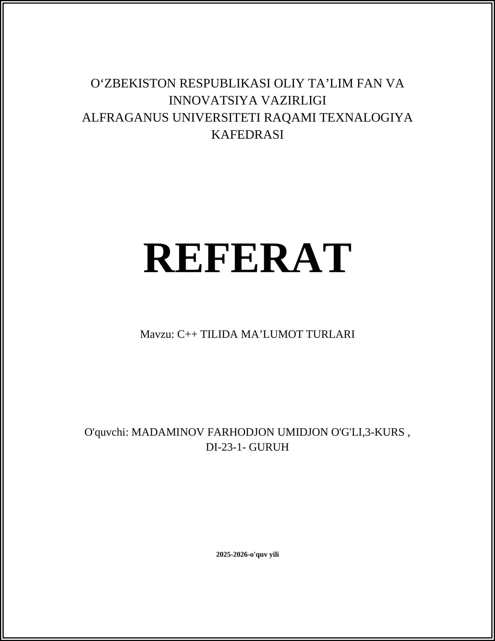 C++ TILIDA MA’LUMOT TURLARI 1