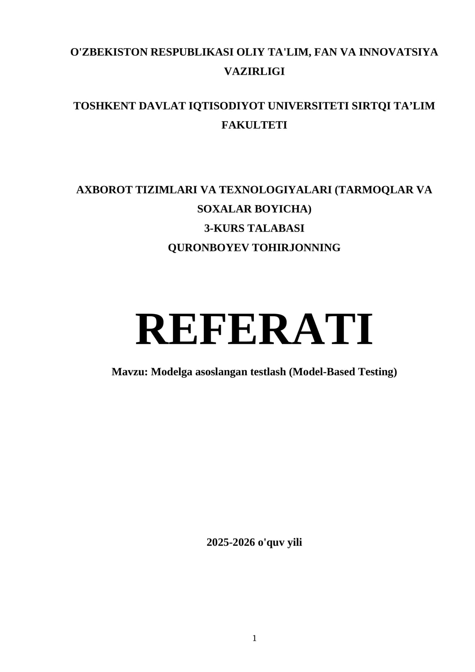 Modelga asoslangan testlash (Model-Based Testing) 1