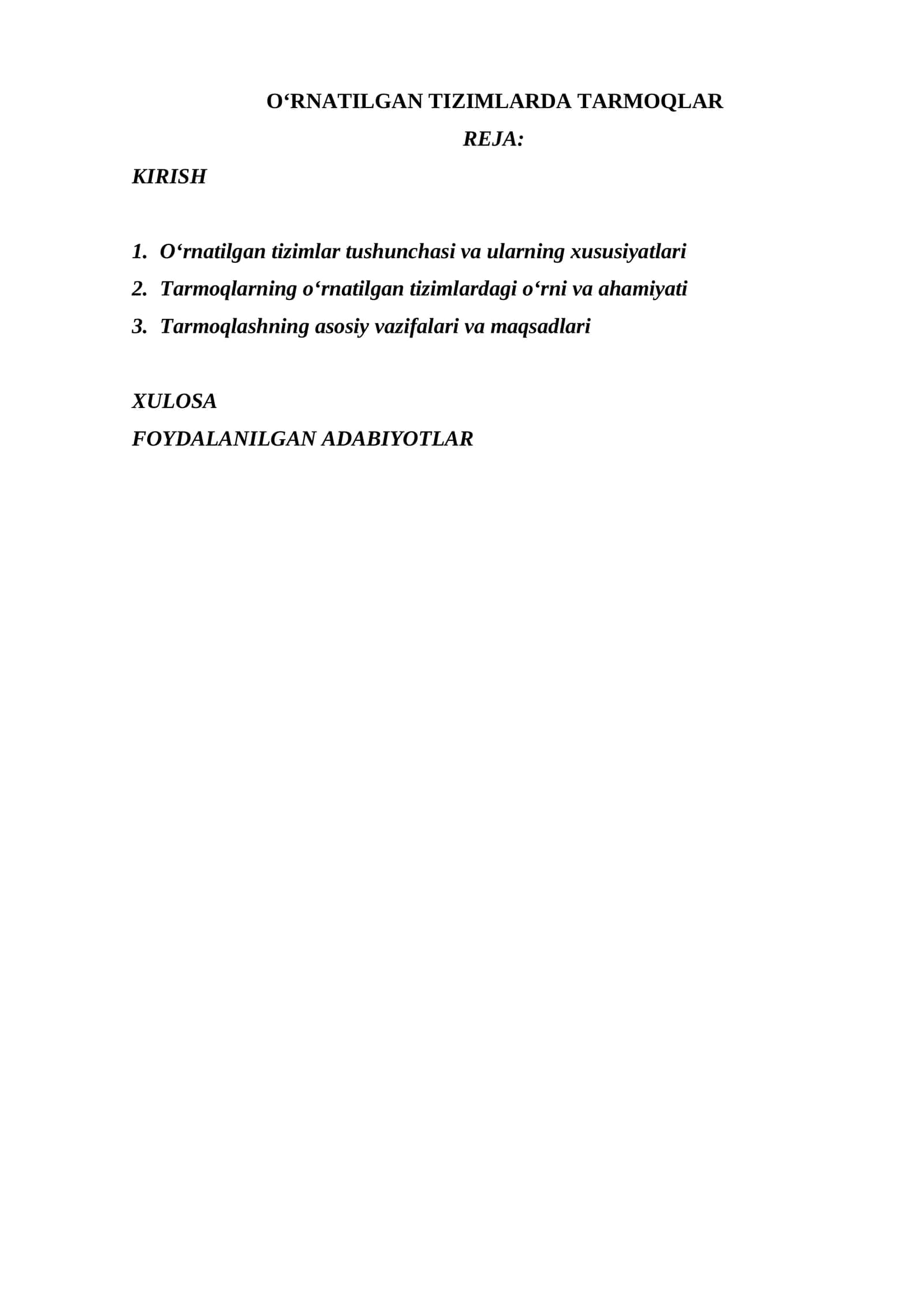 O‘RNATILGAN TIZIMLARDA TARMOQLAR 1